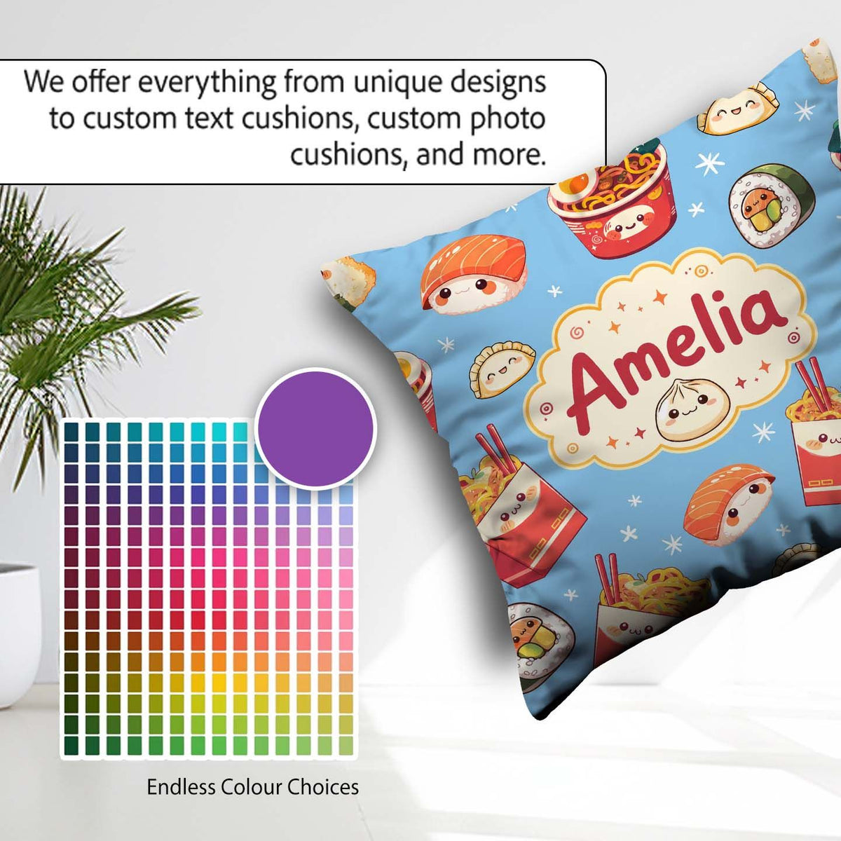 Custom Name Cute Kawaii Sushi Ramen Dumpling Food Blue Seamless Square Filled Cushion Throw Pillow Sofa Bed Home Decor Zip Washable UK Made