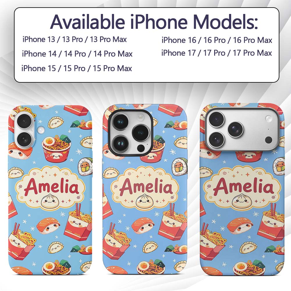 Cute Kawaii Sushi Ramen Dumpling Printed Design Custom Name Protective Phone Case Mobile Cover Durable Everyday Smartphone Shock Resistant