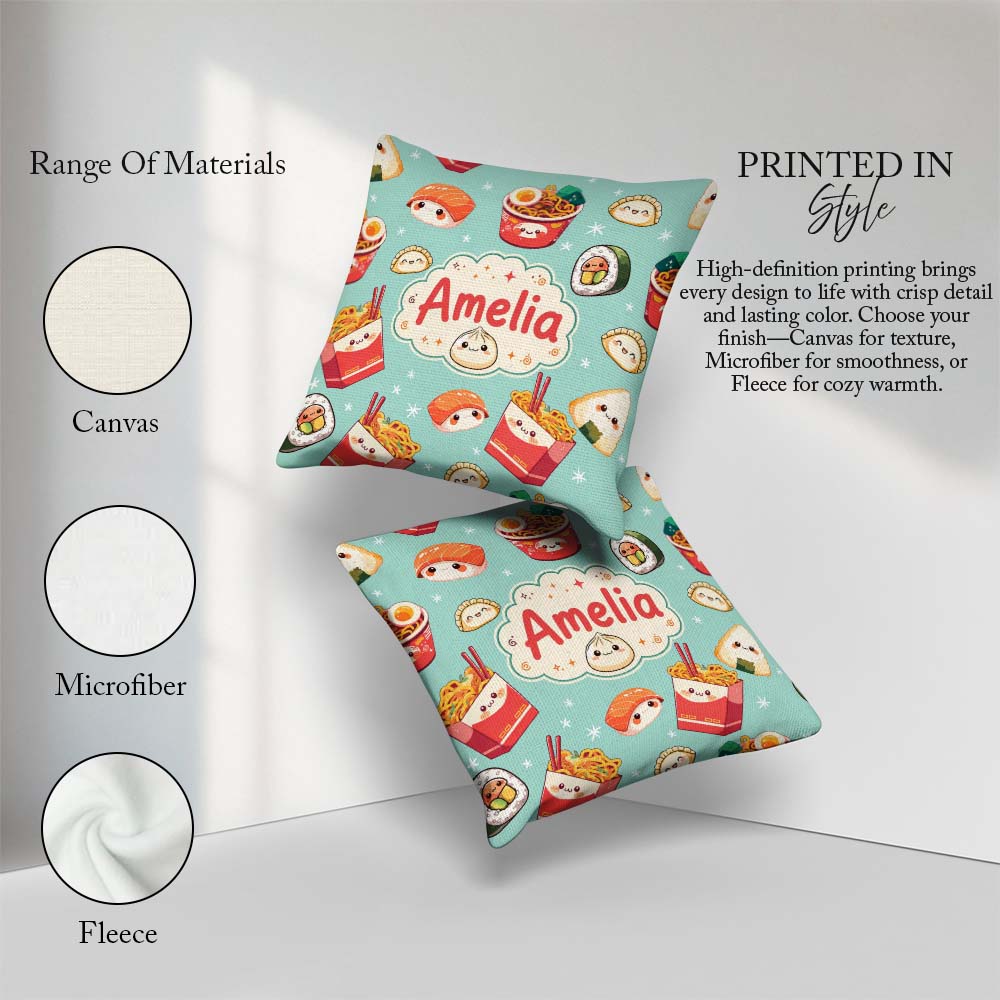 Custom Name Cute Kawaii Sushi Ramen Dumpling Food Mint Seamless Square Filled Cushion Throw Pillow Sofa Bed Home Decor Zip Washable UK Made
