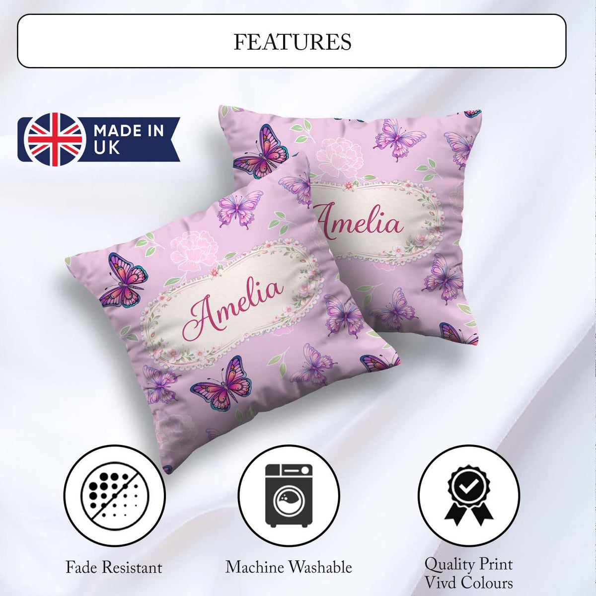 Custom Name Purple Butterfly Floral Lavender Background Seamless Square Filled Cushion Throw Pillow Sofa Bed Home Decor Zip Washable UK Made