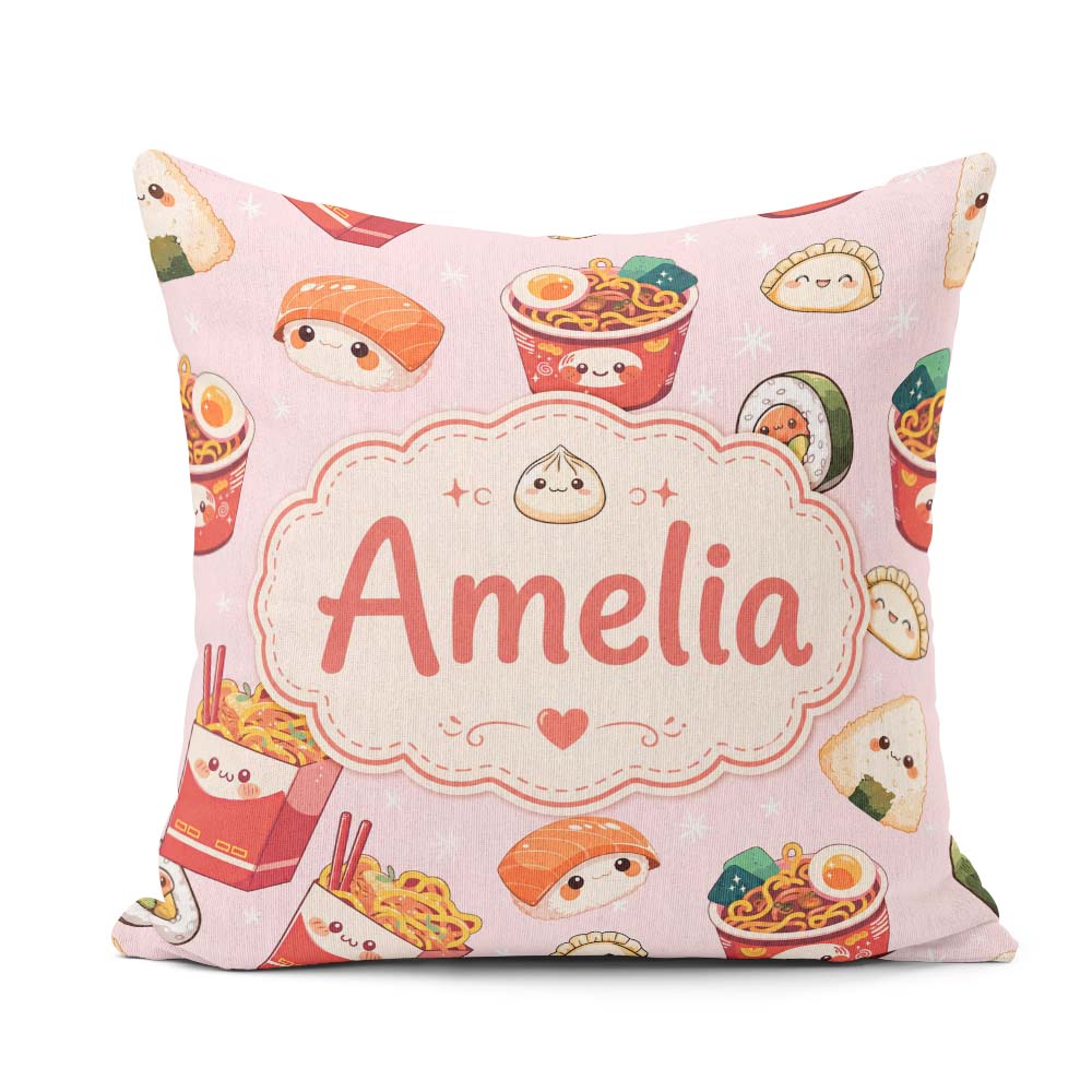 Custom Name Cute Kawaii Sushi Ramen Dumpling Food Pink Seamless Square Filled Cushion Throw Pillow Sofa Bed Home Decor Zip Washable UK Made