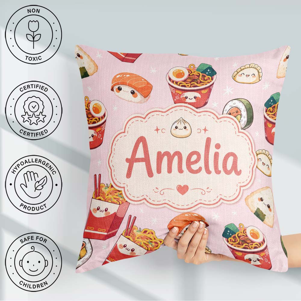 Custom Name Cute Kawaii Sushi Ramen Dumpling Food Pink Seamless Square Filled Cushion Throw Pillow Sofa Bed Home Decor Zip Washable UK Made