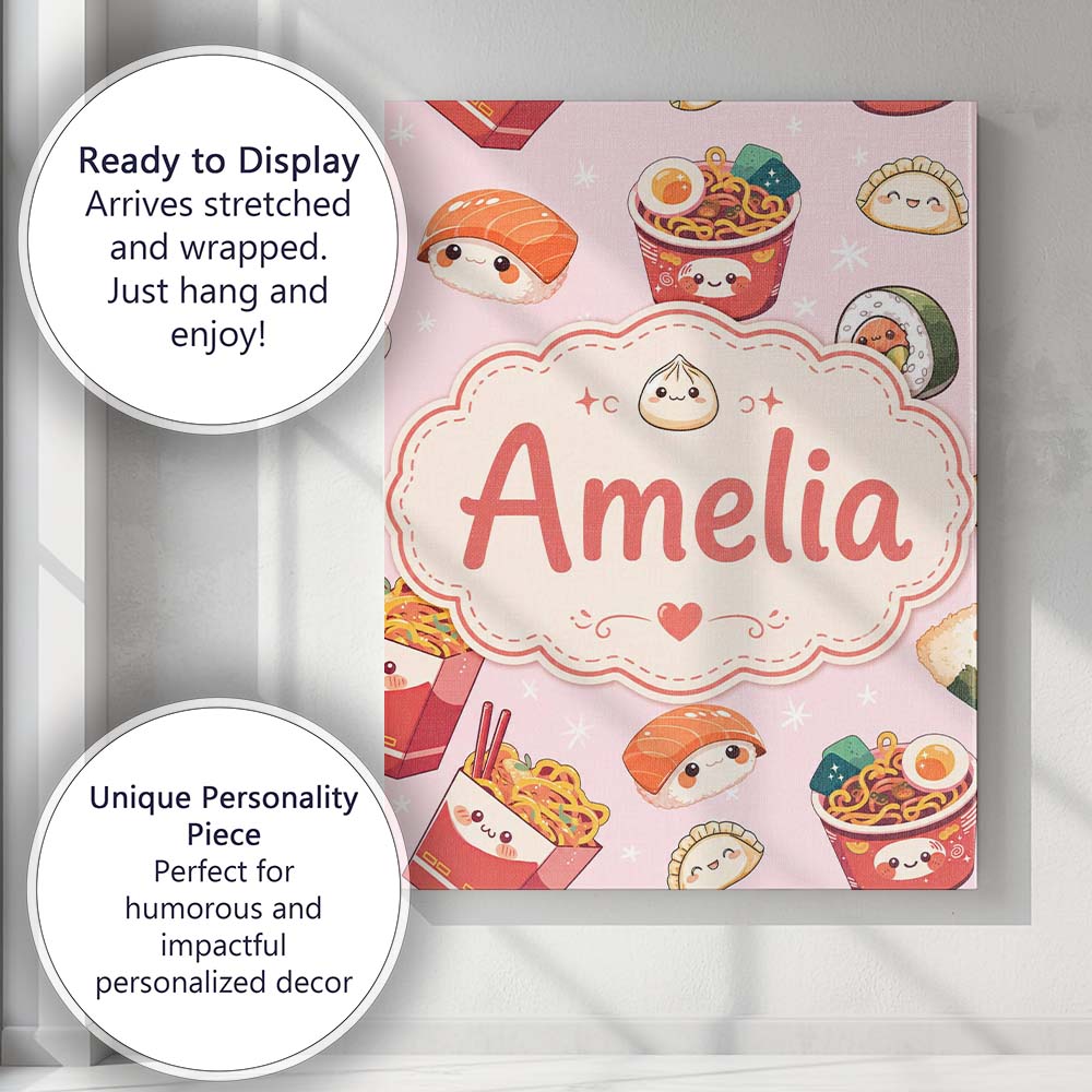 Personalised Name Cute Kawaii Sushi Ramen Custom Unique Gift Idea Elegant Feature Canvas Wall Art Print Decor Picture Ready to Hang