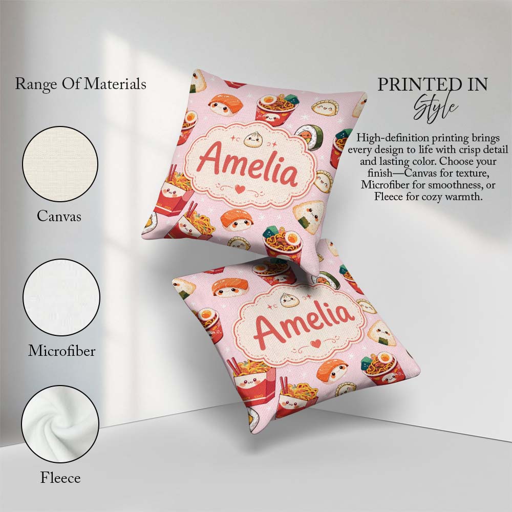Custom Name Cute Kawaii Sushi Ramen Dumpling Food Pink Seamless Square Filled Cushion Throw Pillow Sofa Bed Home Decor Zip Washable UK Made