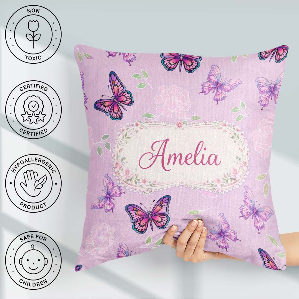 Custom Name Purple Butterfly Floral Lavender Background Seamless Square Filled Cushion Throw Pillow Sofa Bed Home Decor Zip Washable UK Made