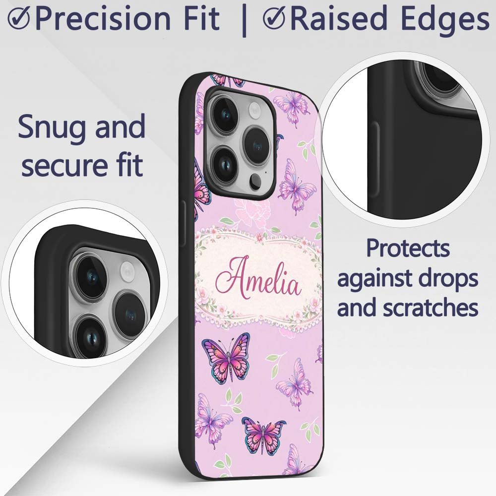 Pink Purple Butterfly Floral Lavender Background Custom Name Protective Phone Case Mobile Cover Durable Everyday Smartphone Shock Resistant