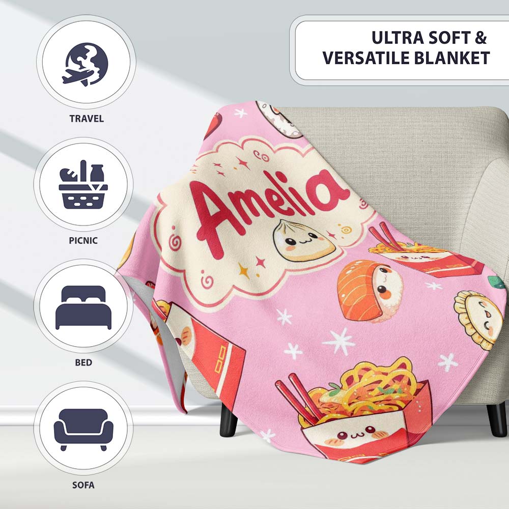 Cute Kawaii Sushi Ramen Dumpling Food Blush Pink Background Personalised Custom Name Super Soft Fleece Blanket Bed Sofa Throw