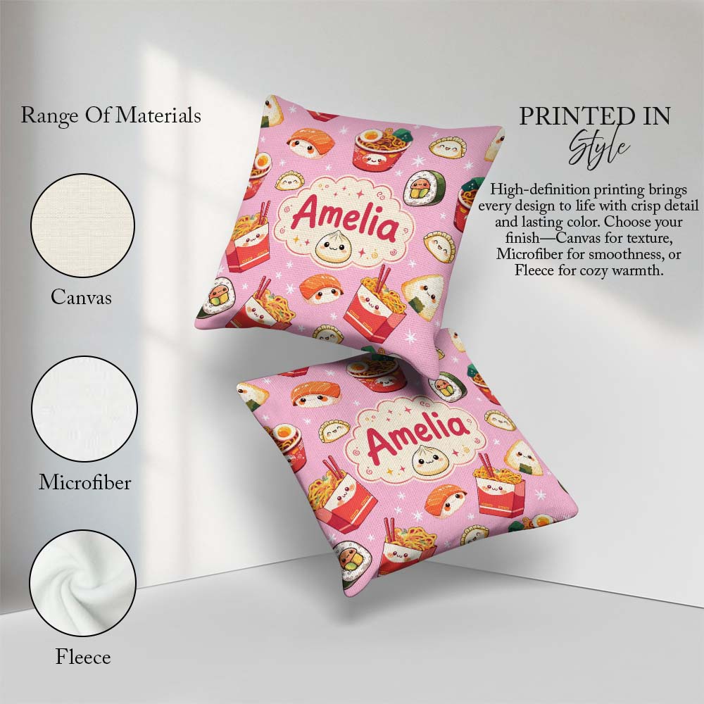 Custom Name Cute Sushi Ramen Dumpling Food Blush Pink Background Square Filled Cushion Throw Pillow Sofa Bed Home Decor Zip Washable UK Made