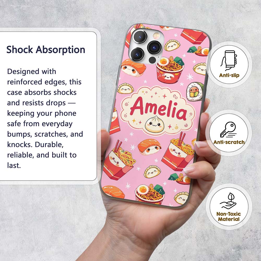 Cute Kawaii Sushi Ramen Dumpling Food Blush Pink Custom Name Protective Phone Case Mobile Cover Durable Everyday Smartphone Shock Resistant