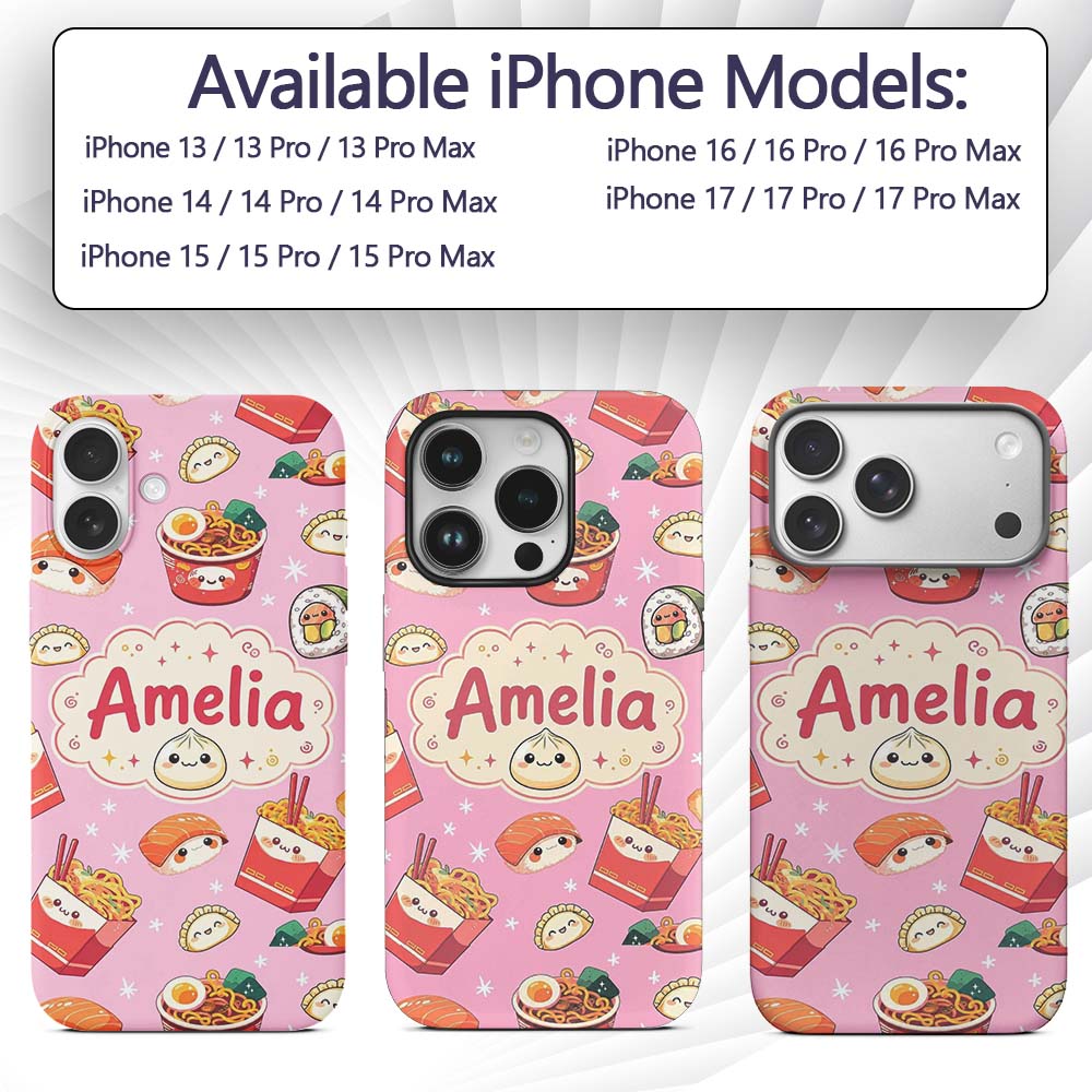 Cute Kawaii Sushi Ramen Dumpling Food Blush Pink Custom Name Protective Phone Case Mobile Cover Durable Everyday Smartphone Shock Resistant