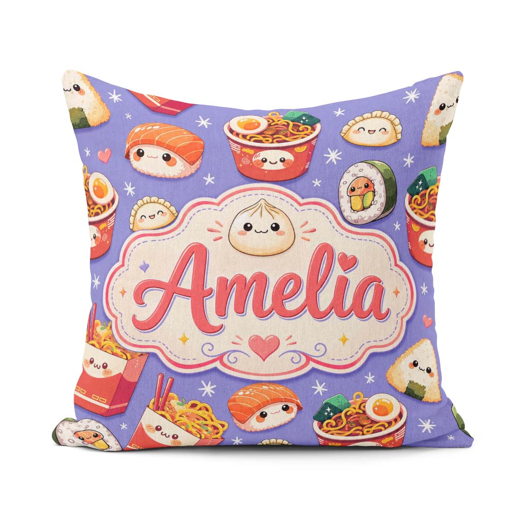 Custom Name Kawaii Sushi Ramen Dumpling Food Background Seamless Square Filled Cushion Throw Pillow Sofa Bed Home Decor Zip Washable UK Made