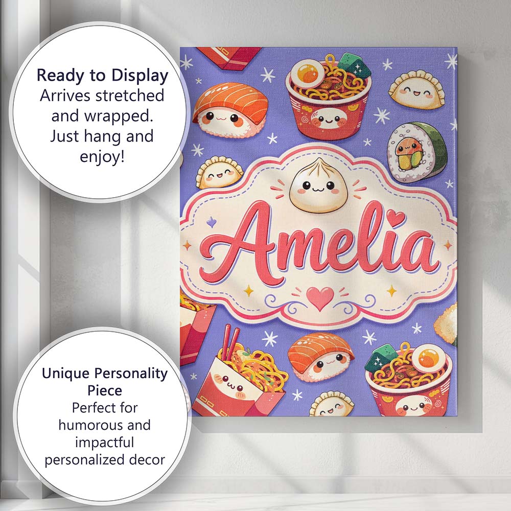 Personalised Name Cute Kawaii Sushi Ramen Custom Unique Gift Idea Elegant Feature Canvas Wall Art Print Decor Picture Ready to Hang
