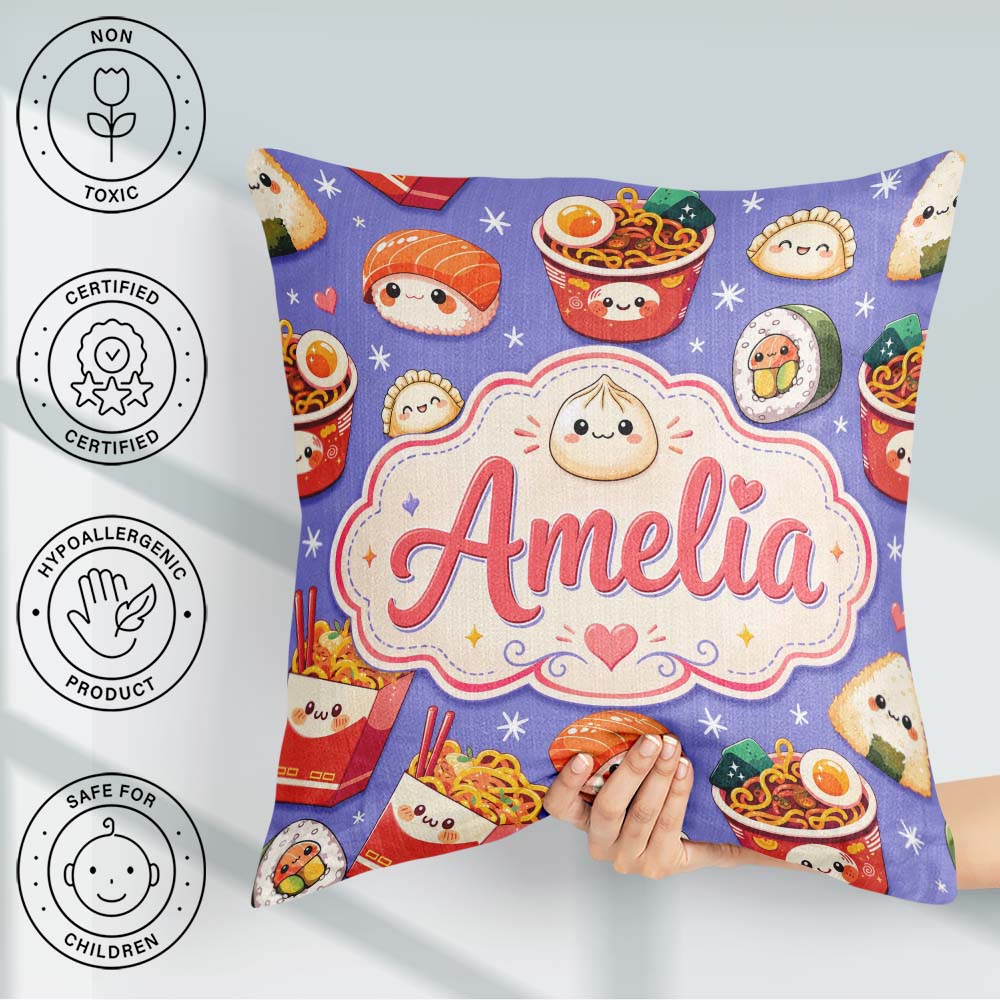 Custom Name Kawaii Sushi Ramen Dumpling Food Background Seamless Square Filled Cushion Throw Pillow Sofa Bed Home Decor Zip Washable UK Made