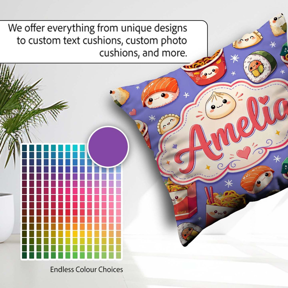 Custom Name Kawaii Sushi Ramen Dumpling Food Background Seamless Square Filled Cushion Throw Pillow Sofa Bed Home Decor Zip Washable UK Made