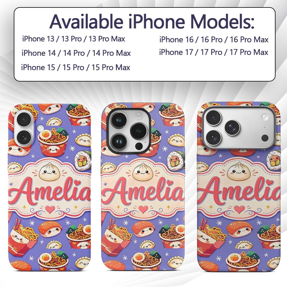 Cute Kawaii Sushi Ramen Dumpling Food Purple Custom Name Protective Phone Case Mobile Cover Durable Everyday Smartphone Shock Resistant