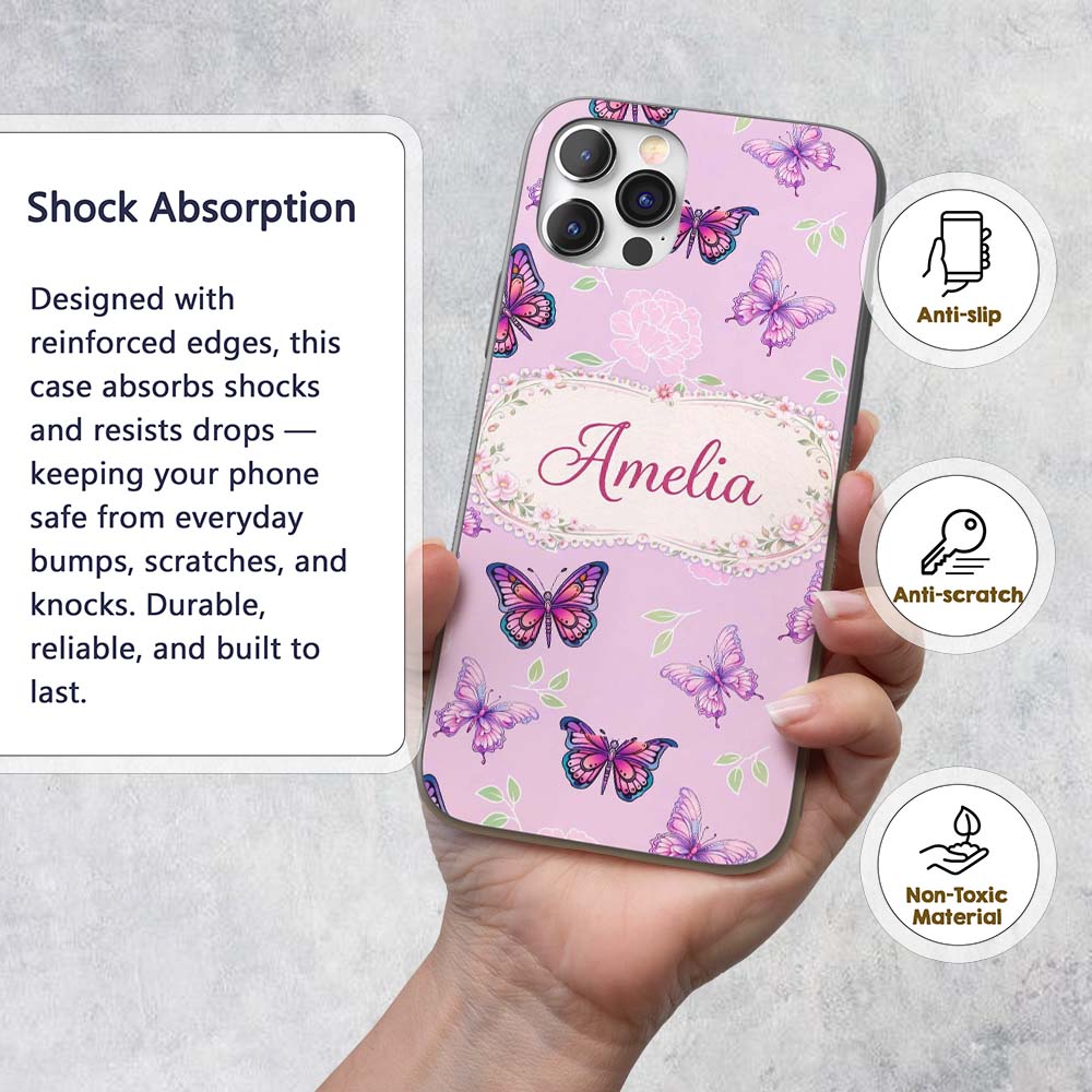 Pink Purple Butterfly Floral Lavender Background Custom Name Protective Phone Case Mobile Cover Durable Everyday Smartphone Shock Resistant