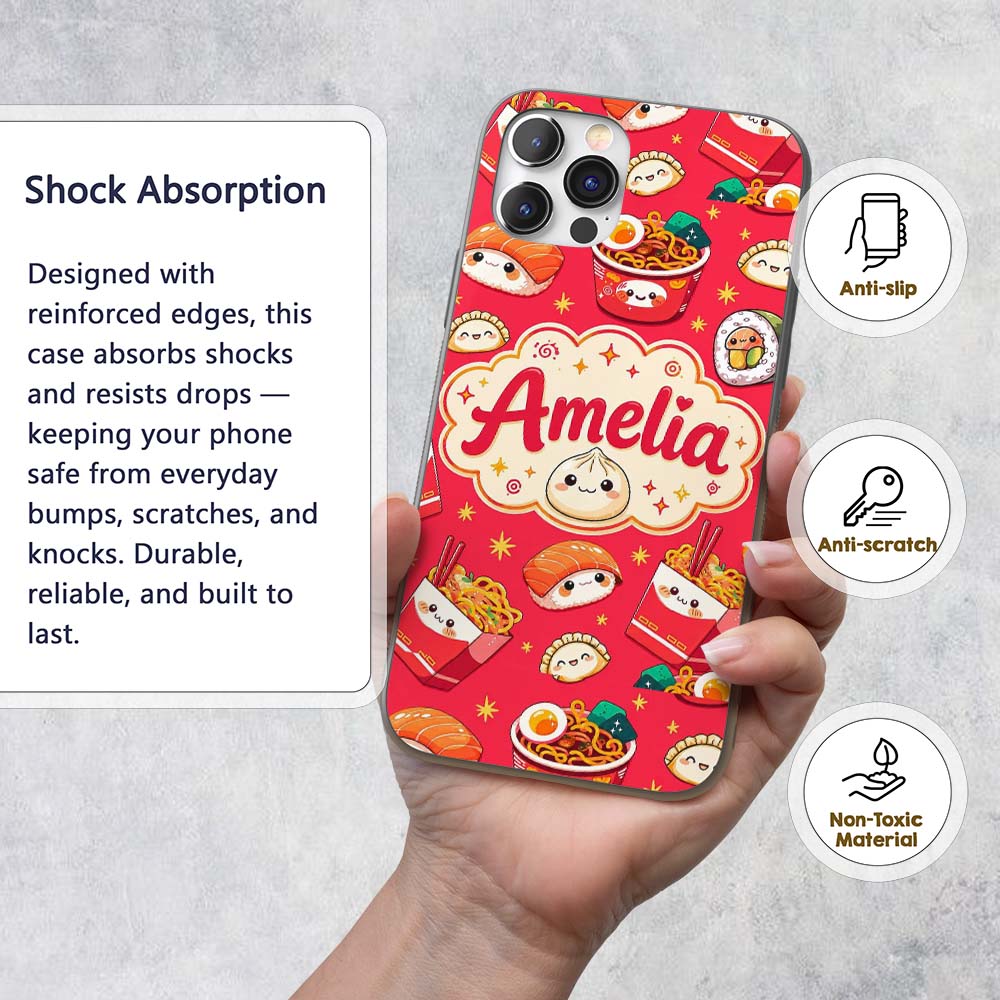 Cute Kawaii Sushi Ramen Dumpling Printed Design Custom Name Protective Phone Case Mobile Cover Durable Everyday Smartphone Shock Resistant