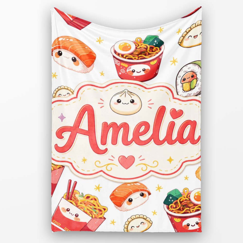 Cute Kawaii Sushi Ramen Dumpling Food White Background Seamless Personalised Custom Name Super Soft Fleece Blanket Bed Sofa Throw