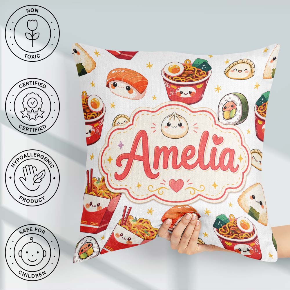 Custom Name Cute Kawaii Sushi Ramen Dumpling Food White Seamless Square Filled Cushion Throw Pillow Sofa Bed Home Decor Zip Washable UK Made