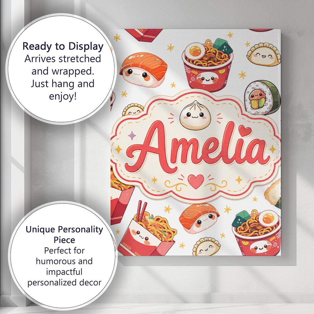 Personalised Name Cute Kawaii Sushi Ramen Custom Unique Gift Idea Elegant Feature Canvas Wall Art Print Decor Picture Ready to Hang