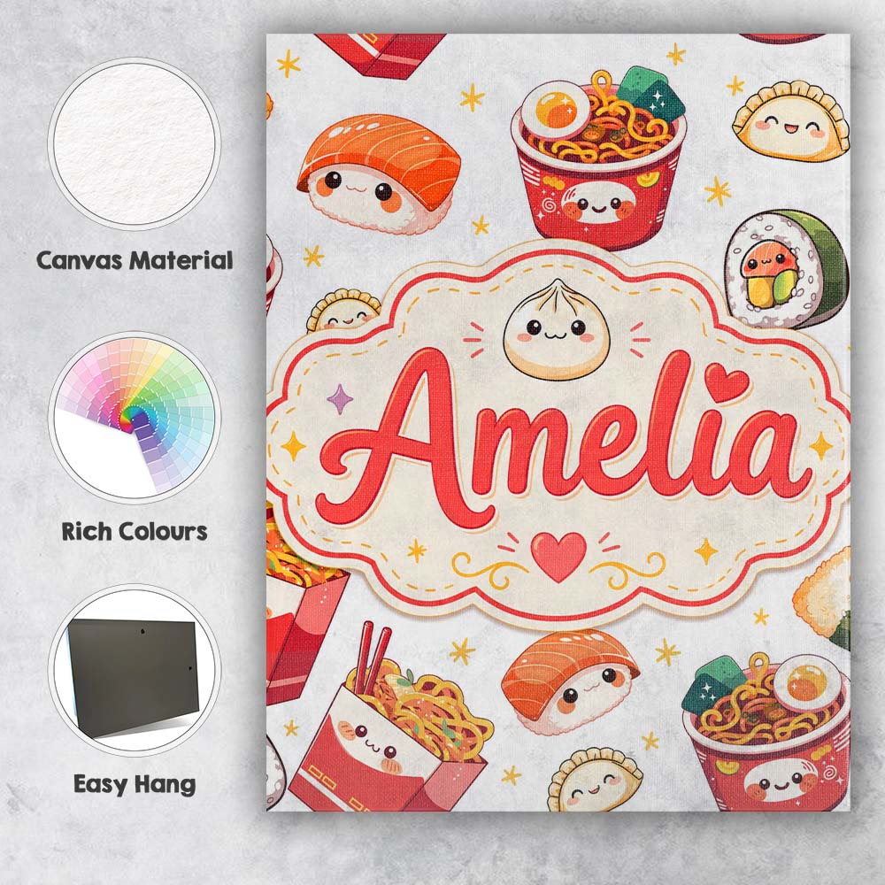 Personalised Name Cute Kawaii Sushi Ramen Custom Unique Gift Idea Elegant Feature Canvas Wall Art Print Decor Picture Ready to Hang