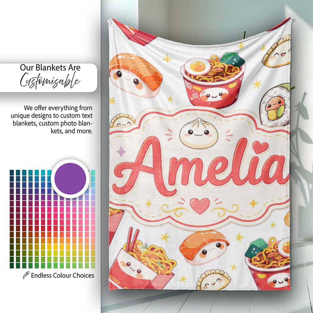 Cute Kawaii Sushi Ramen Dumpling Food White Background Seamless Personalised Custom Name Super Soft Fleece Blanket Bed Sofa Throw