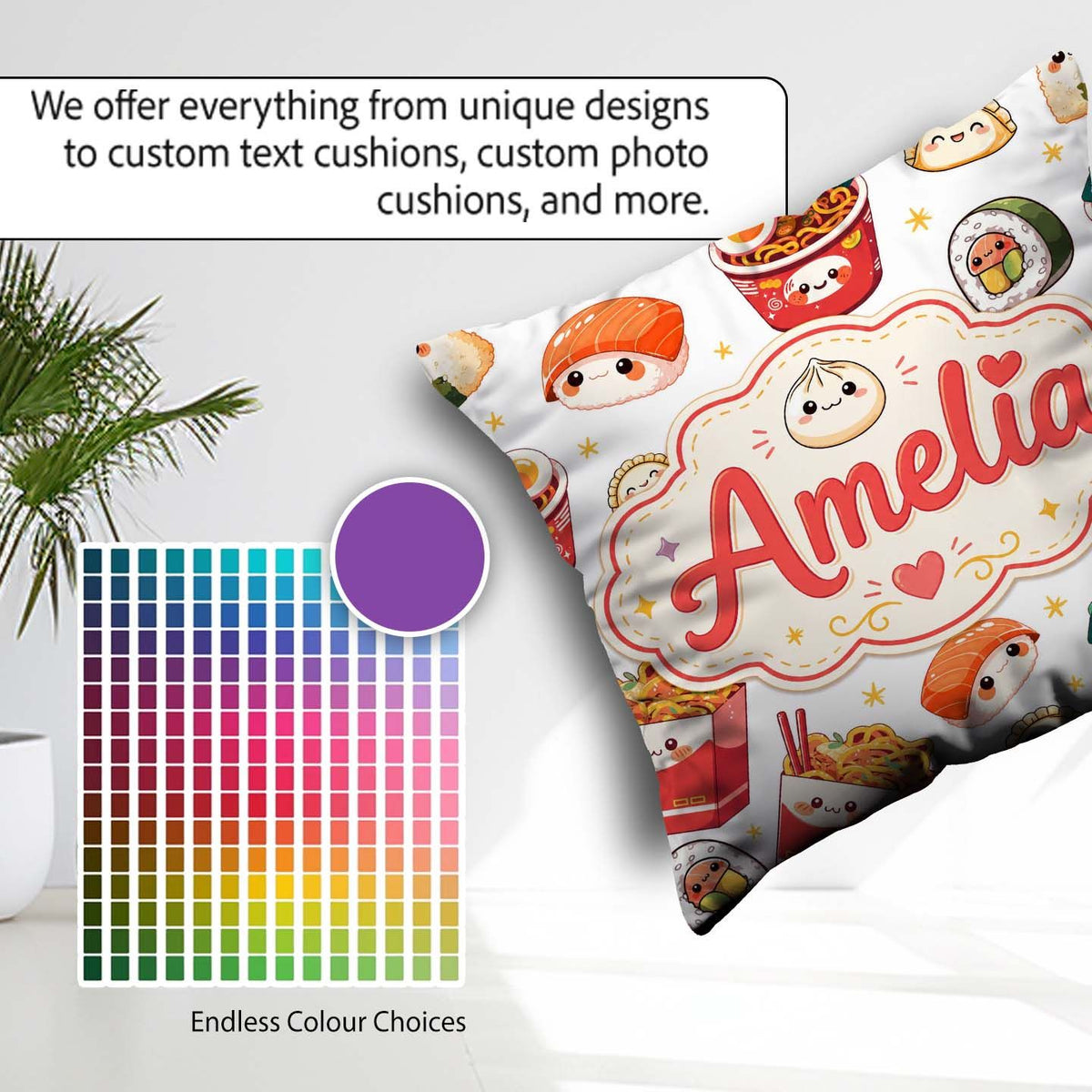 Custom Name Cute Kawaii Sushi Ramen Dumpling Food White Seamless Square Filled Cushion Throw Pillow Sofa Bed Home Decor Zip Washable UK Made