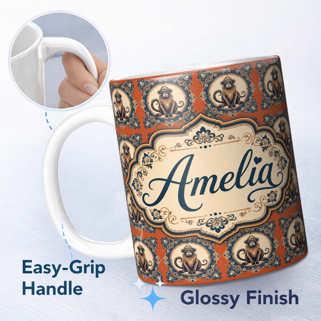 Personalized Custom Name Ornate Victorian Style Monkey Illustration in Decorative Blue Frame 11oz Ceramic Coffee Tea Mug White Large Handle