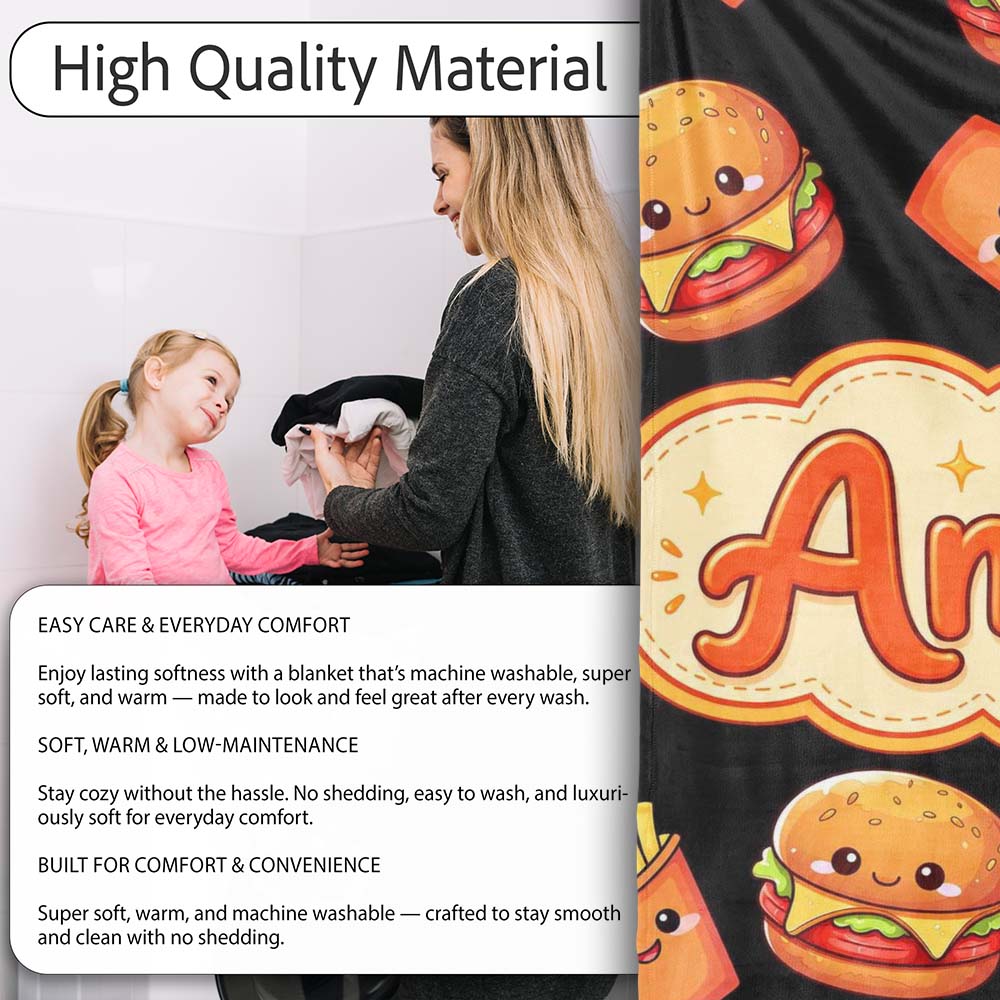 Cute Kawaii Burger Fries Hotdog Fast Food Black Background Seamless Personalised Custom Name Super Soft Fleece Blanket Bed Sofa Throw