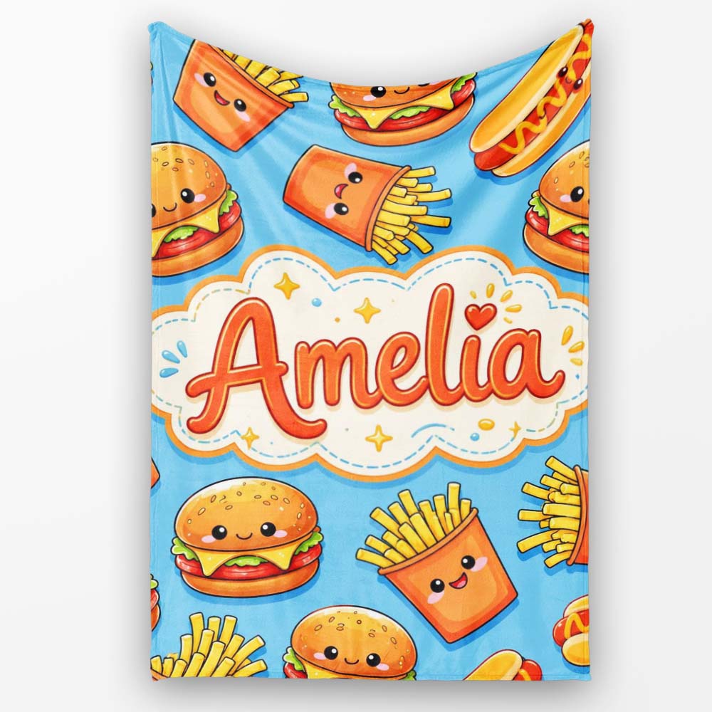 Cute Kawaii Burger Fries Hotdog Fast Food Blue Background Seamless Personalised Custom Name Super Soft Fleece Blanket Bed Sofa Throw