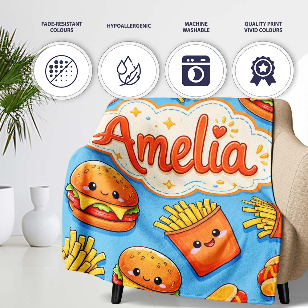 Cute Kawaii Burger Fries Hotdog Fast Food Blue Background Seamless Personalised Custom Name Super Soft Fleece Blanket Bed Sofa Throw