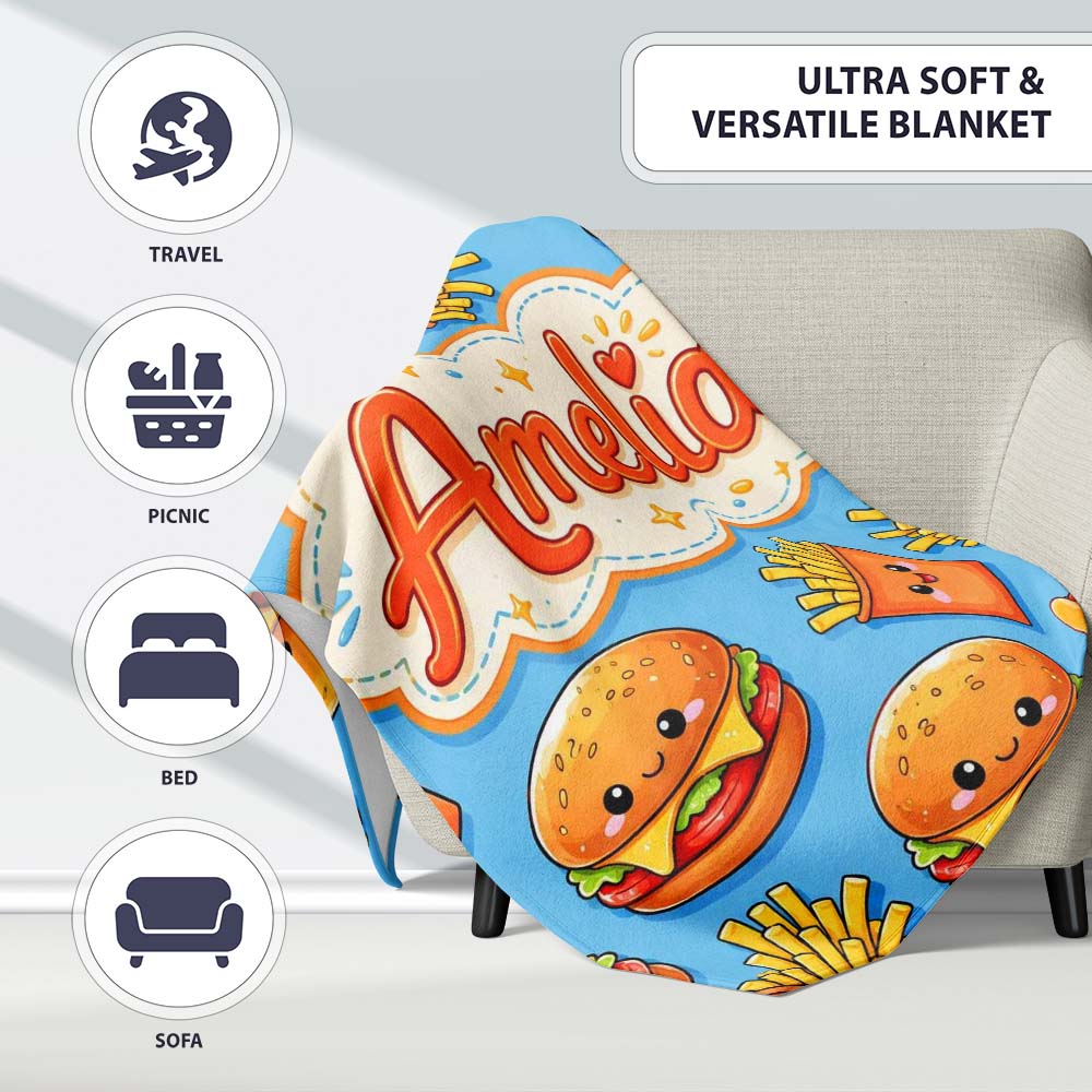 Cute Kawaii Burger Fries Hotdog Fast Food Blue Background Seamless Personalised Custom Name Super Soft Fleece Blanket Bed Sofa Throw