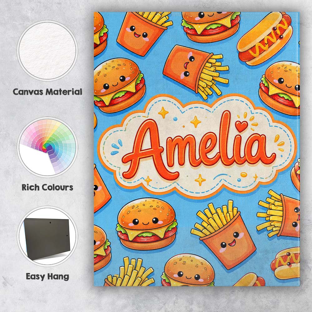 Personalised Name Cute Kawaii Burger Fries Custom Unique Gift Idea Elegant Feature Canvas Wall Art Print Decor Picture Ready to Hang