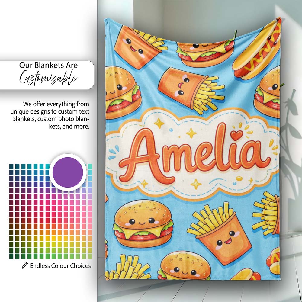 Cute Kawaii Burger Fries Hotdog Fast Food Blue Background Seamless Personalised Custom Name Super Soft Fleece Blanket Bed Sofa Throw