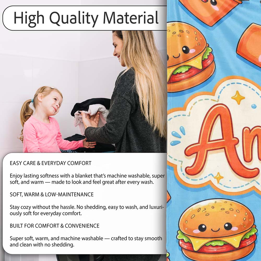 Cute Kawaii Burger Fries Hotdog Fast Food Blue Background Seamless Personalised Custom Name Super Soft Fleece Blanket Bed Sofa Throw