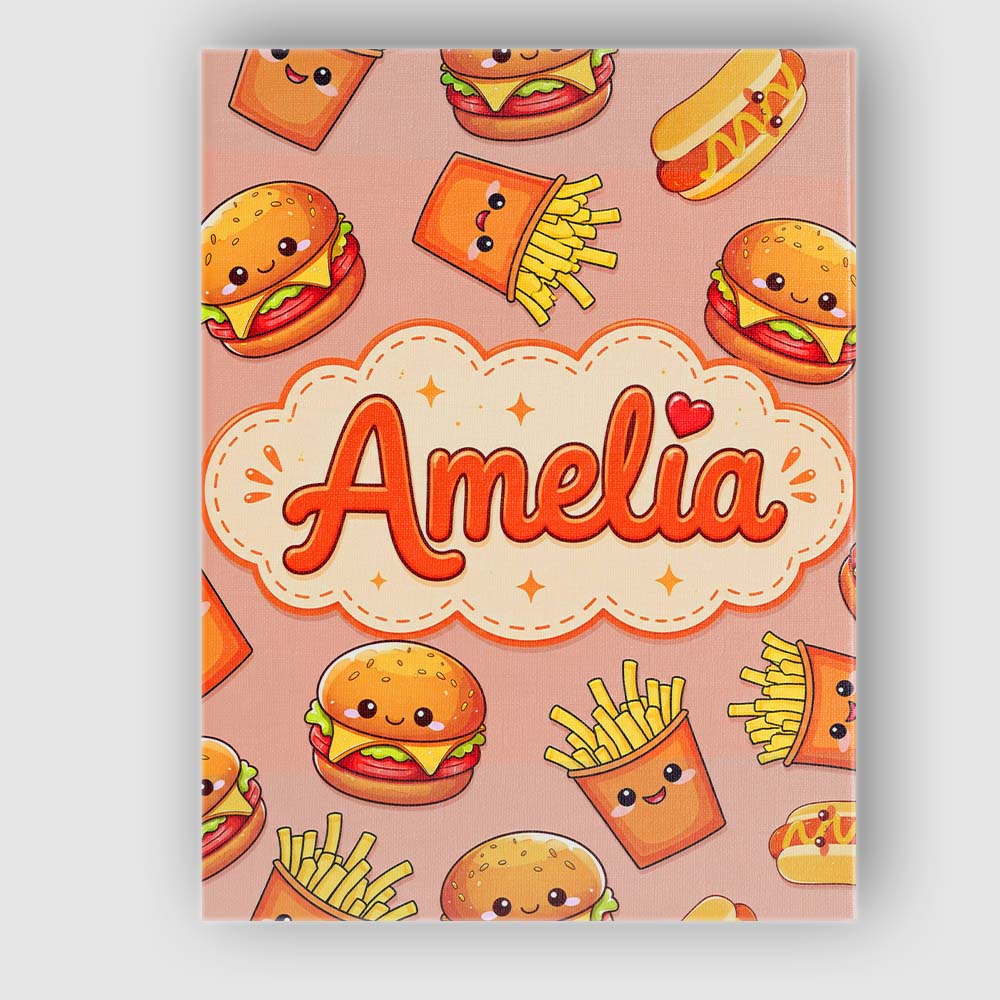 Personalised Name Cute Kawaii Burger Fries Custom Unique Gift Idea Elegant Feature Canvas Wall Art Print Decor Picture Ready to Hang