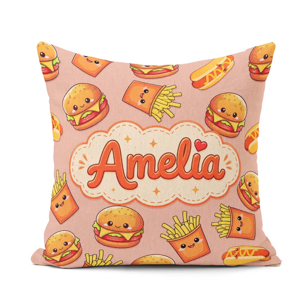 Custom Name Kawaii Burger Fries Hotdog Fast Food Beige Seamless Square Filled Cushion Throw Pillow Sofa Bed Home Decor Zip Washable UK Made