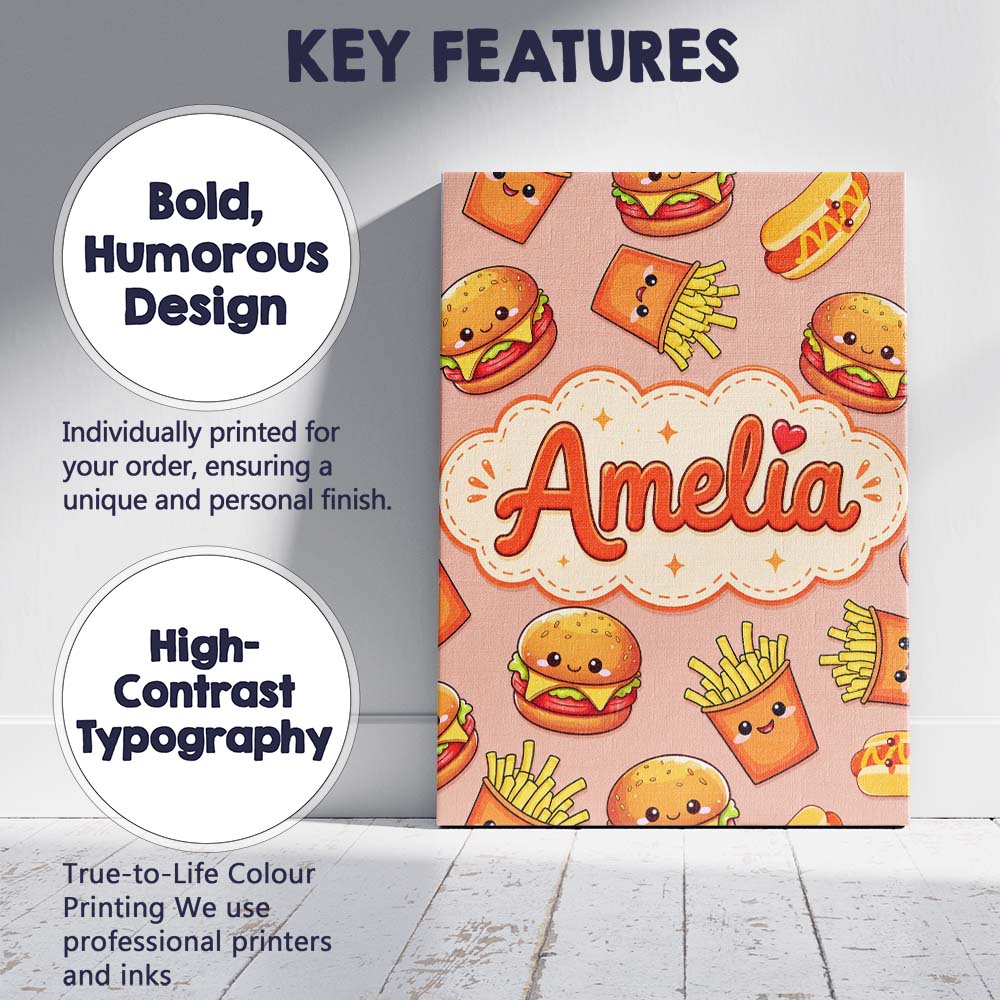 Personalised Name Cute Kawaii Burger Fries Custom Unique Gift Idea Elegant Feature Canvas Wall Art Print Decor Picture Ready to Hang