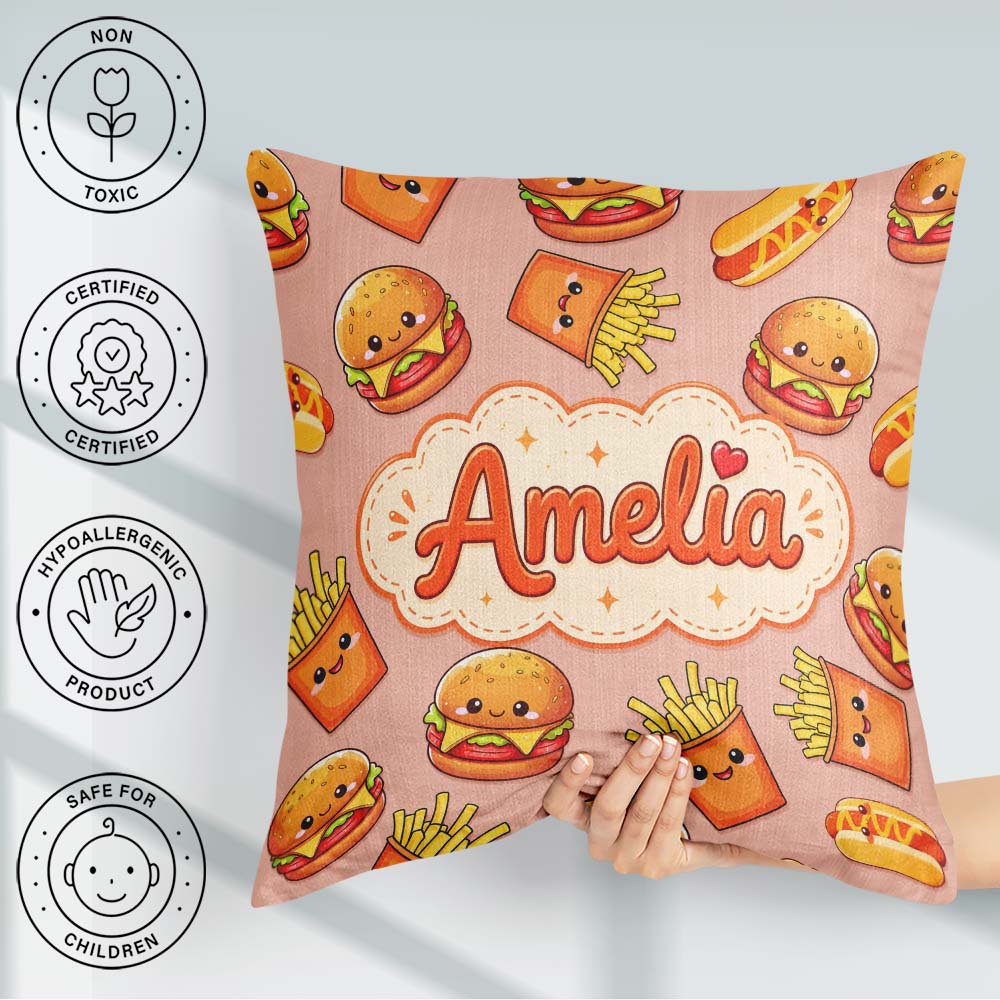 Custom Name Kawaii Burger Fries Hotdog Fast Food Beige Seamless Square Filled Cushion Throw Pillow Sofa Bed Home Decor Zip Washable UK Made