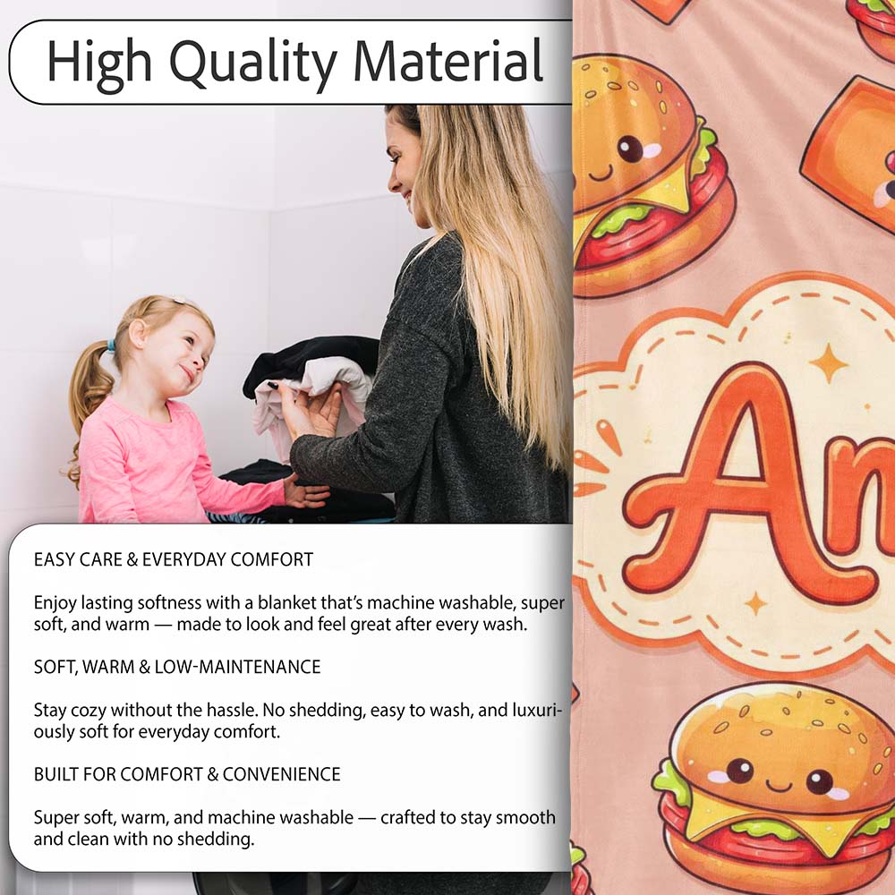 Cute Kawaii Burger Fries Hotdog Fast Food Beige Background Seamless Personalised Custom Name Super Soft Fleece Blanket Bed Sofa Throw