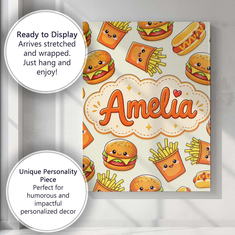 Personalised Name Kawaii Burger Fries Custom Modern Room Accent Creative Decorator Style Canvas Wall Art Print Decor Picture Ready to Hang
