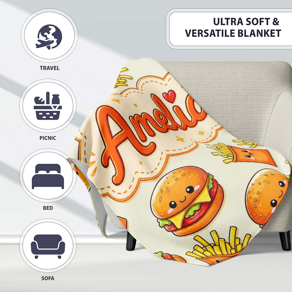 Kawaii Burger Fries Hotdog Fast Food Light Cream Seamless Pattern Personalised Custom Name Super Soft Fleece Blanket Bed Sofa Throw