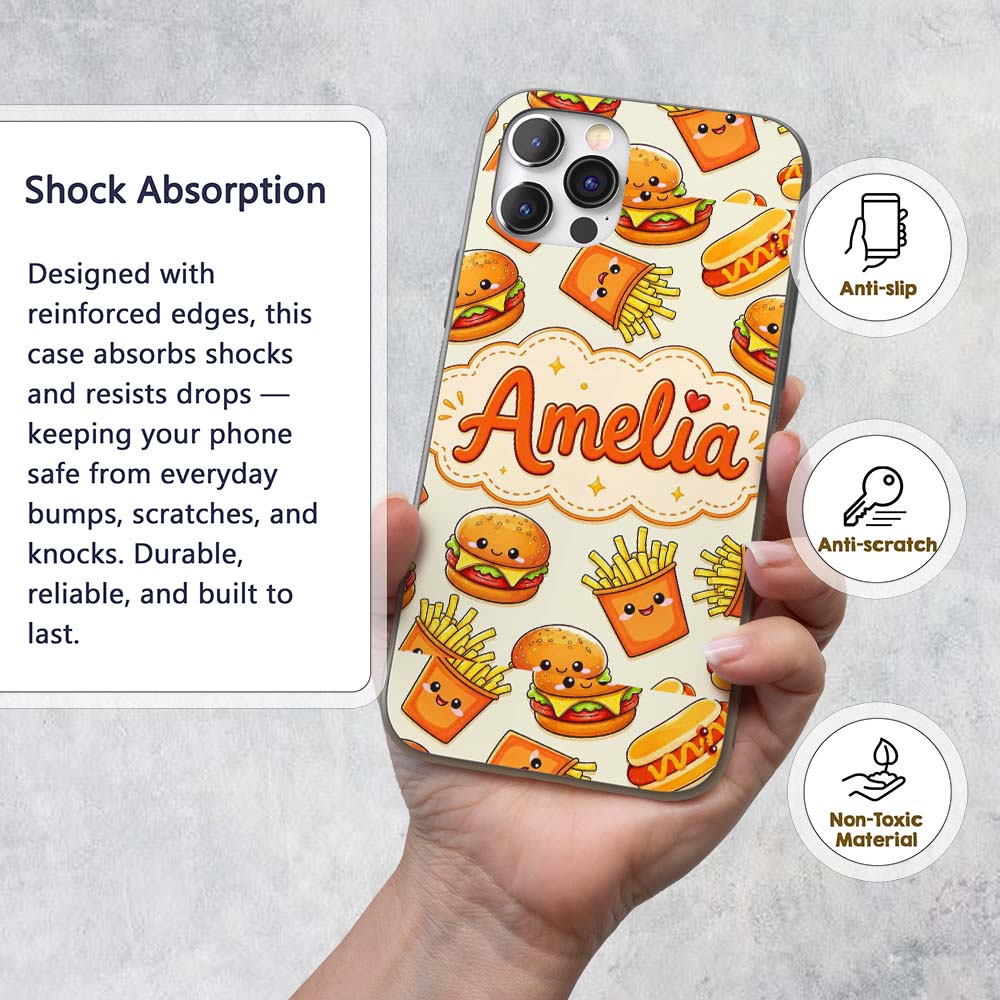 Kawaii Burger Fries Hotdog Fast Food Light Cream Custom Name Protective Phone Case Mobile Cover Durable Everyday Smartphone Shock Resistant