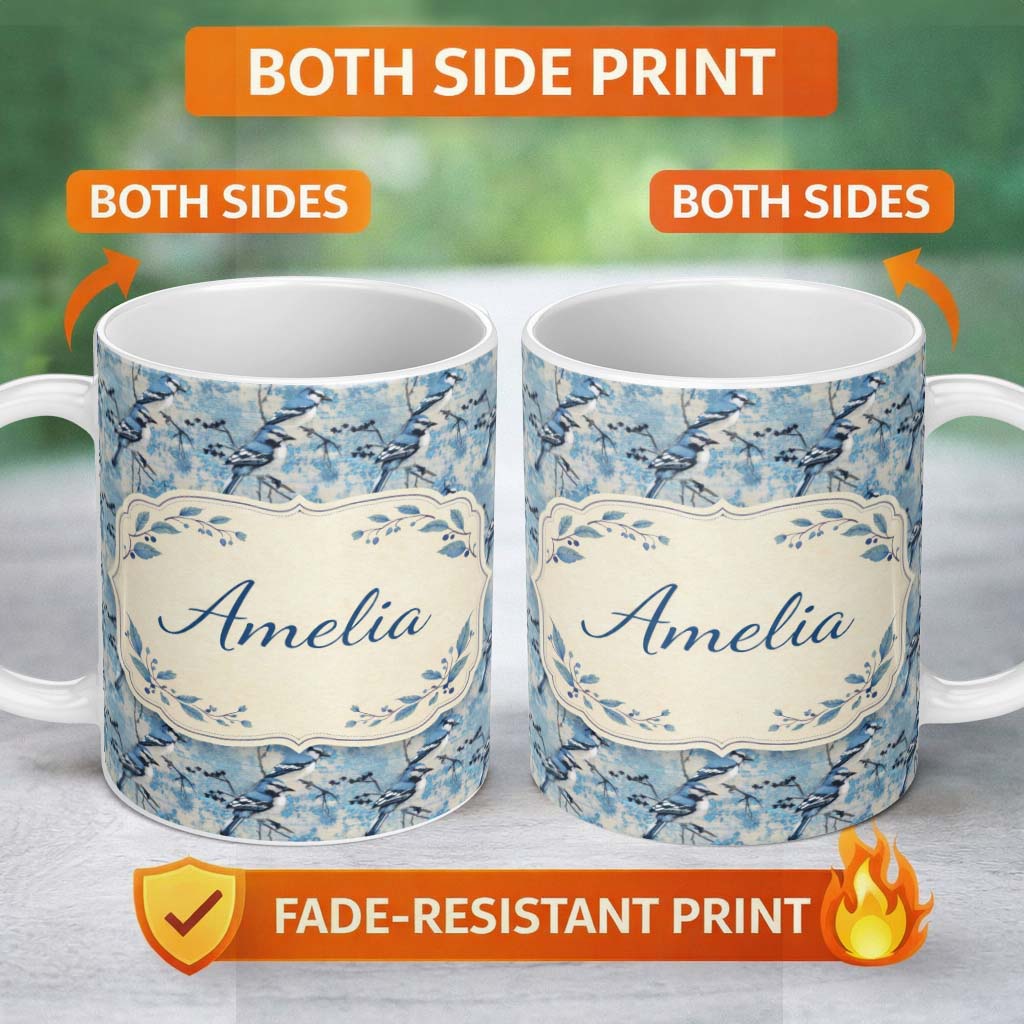 Personalized Custom Name Blue Jay Bird Minimal Branch Blossom Seamless Soft Grey Botanical 11oz Ceramic Coffee Tea Mug White Large Handle