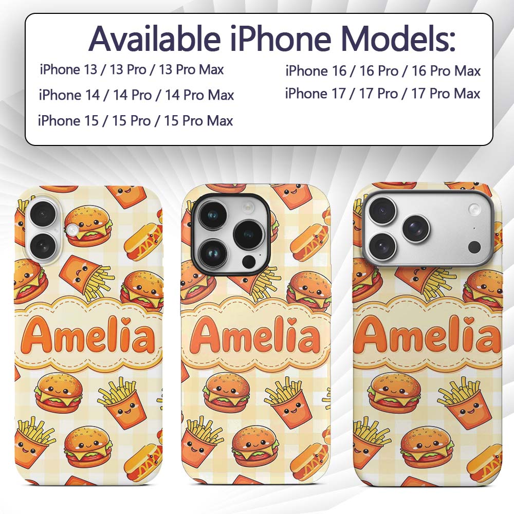 Cute Kawaii Burger Fries Hotdog Fast Food Gingham Custom Name Protective Phone Case Mobile Cover Durable Everyday Smartphone Shock Resistant