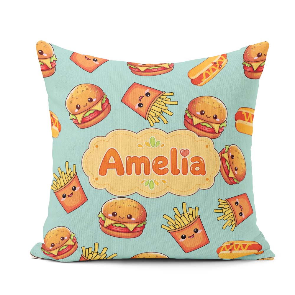 Custom Name Kawaii Burger Hotdog Fast Food Mint Seamless Pattern Square Filled Cushion Throw Pillow Sofa Bed Home Decor Zip Washable UK Made