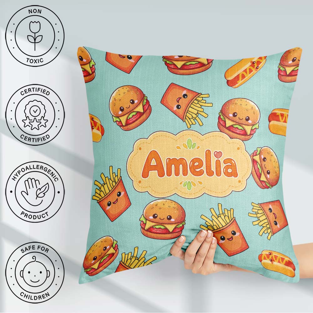 Custom Name Kawaii Burger Hotdog Fast Food Mint Seamless Pattern Square Filled Cushion Throw Pillow Sofa Bed Home Decor Zip Washable UK Made
