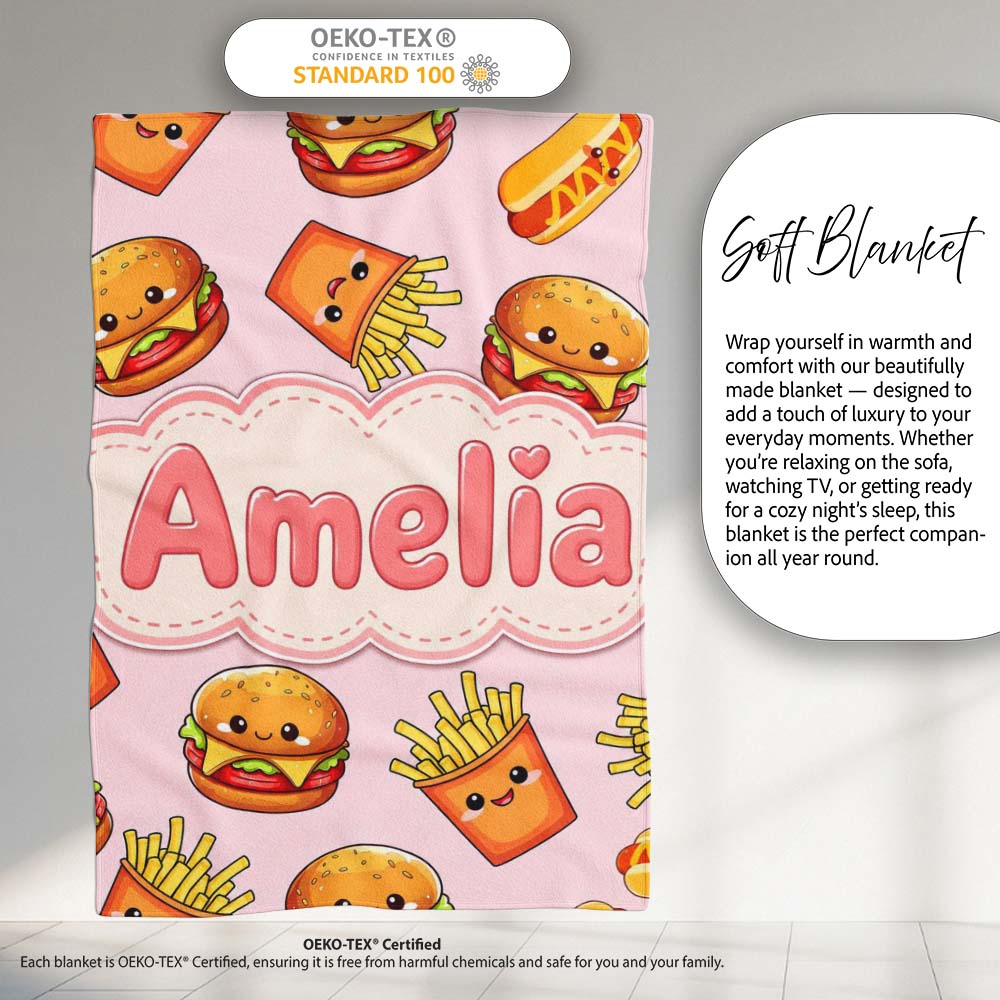 Cute Kawaii Burger Fries Hotdog Fast Food Soft Pink Background Personalised Custom Name Super Soft Fleece Blanket Bed Sofa Throw