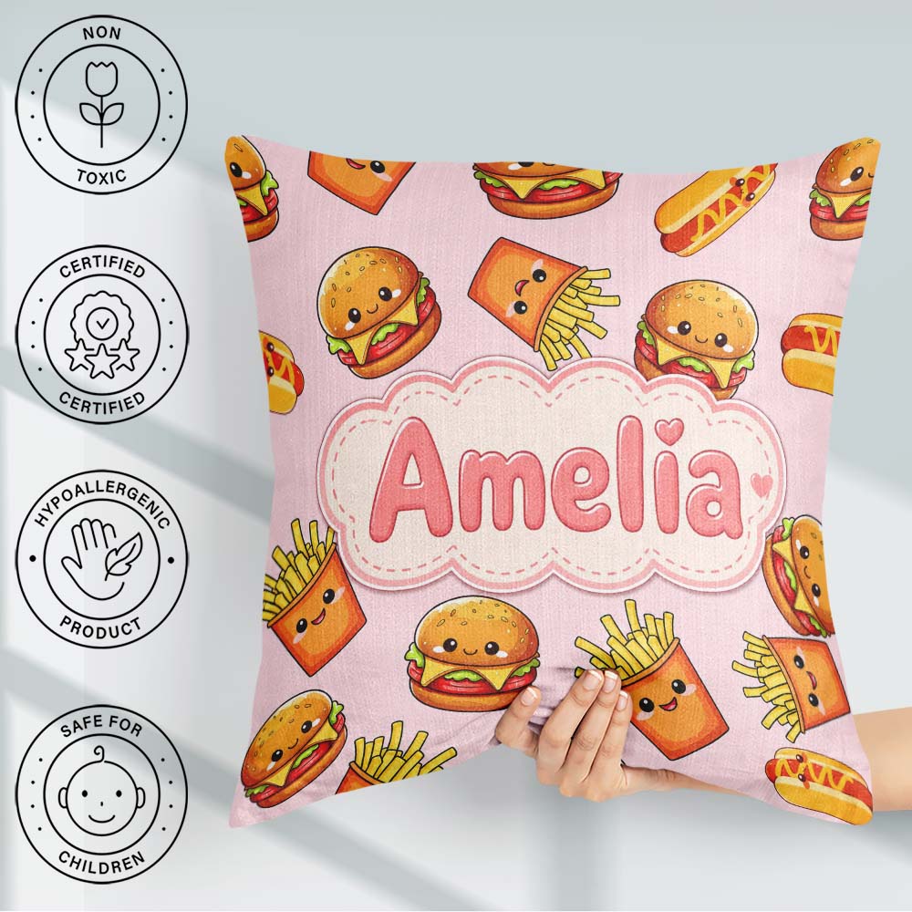 Custom Name Cute Kawaii Burger Fries Hotdog Fast Food Soft Pink Square Filled Cushion Throw Pillow Sofa Bed Home Decor Zip Washable UK Made
