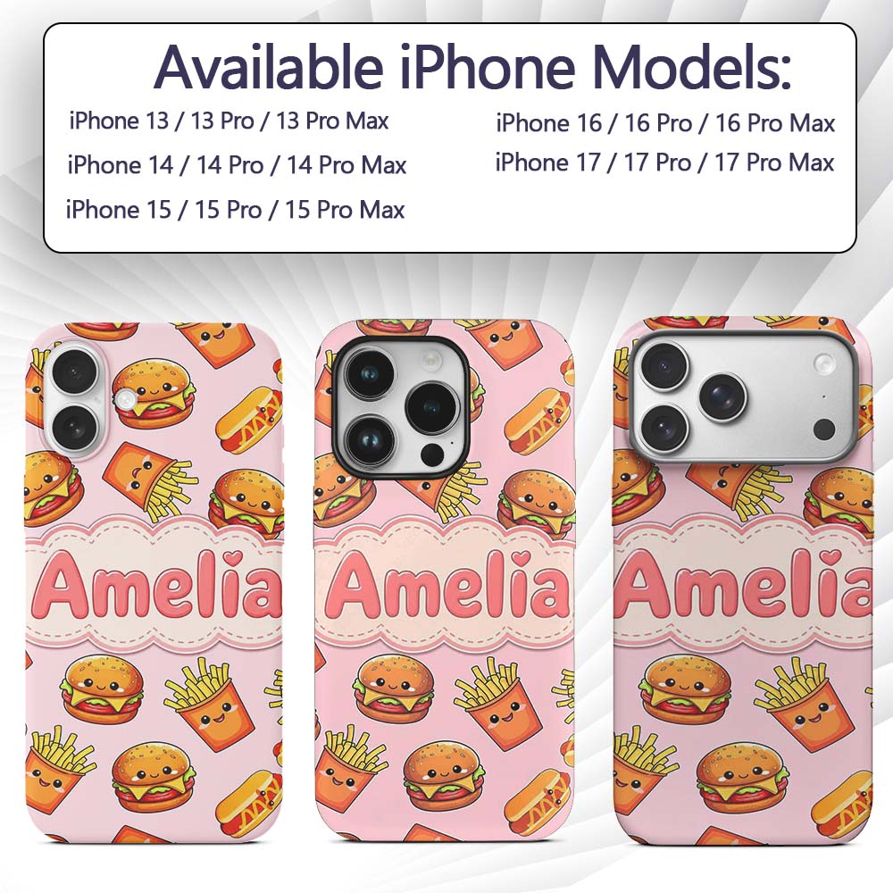 Cute Kawaii Burger Fries Hotdog Fast Food Soft Custom Name Protective Phone Case Mobile Cover Durable Everyday Smartphone Shock Resistant